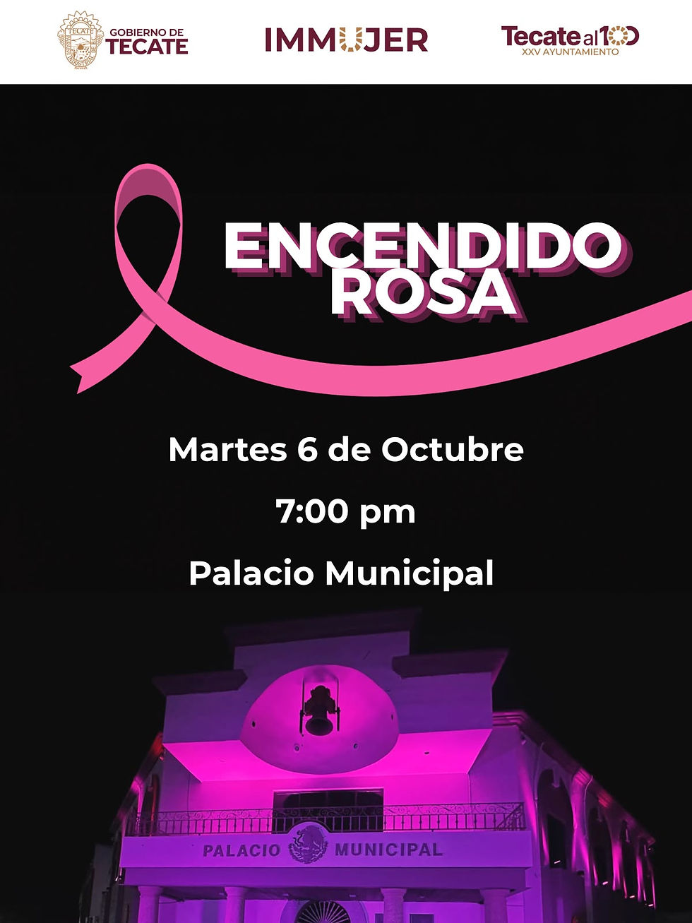 Invita Gobierno de Tecate a sumarse al encendido de luces rosa del Palacio Municipal
