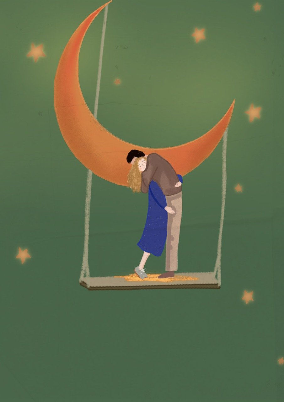 dessin d'un couple sur une balançoire avec la lune en fond