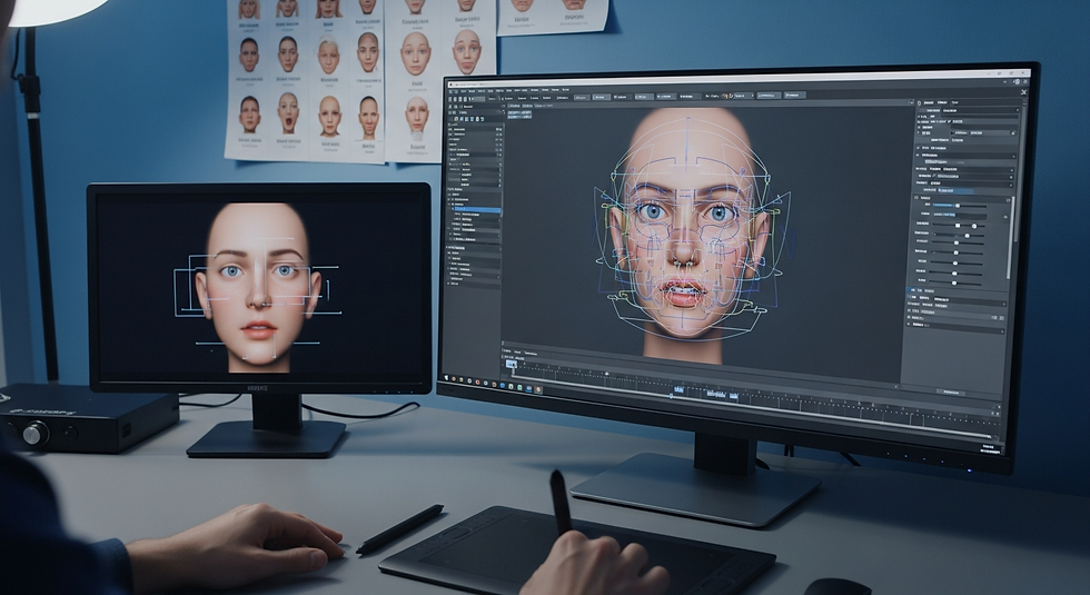 A facial animation artist refining emotional micro-expressions using a high-fidelity facial rig.