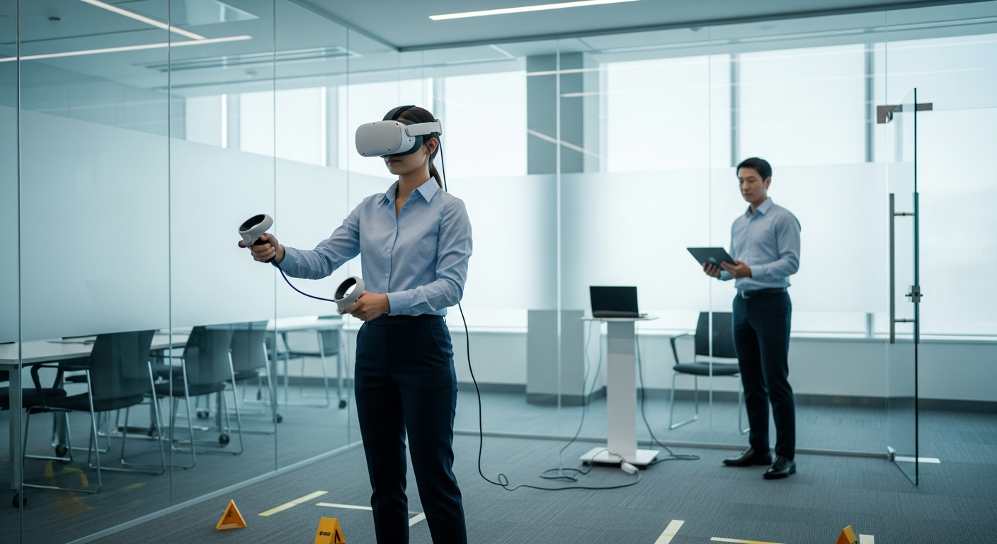 Employees developing workplace skills through immersive VR training in a realistic corporate environment