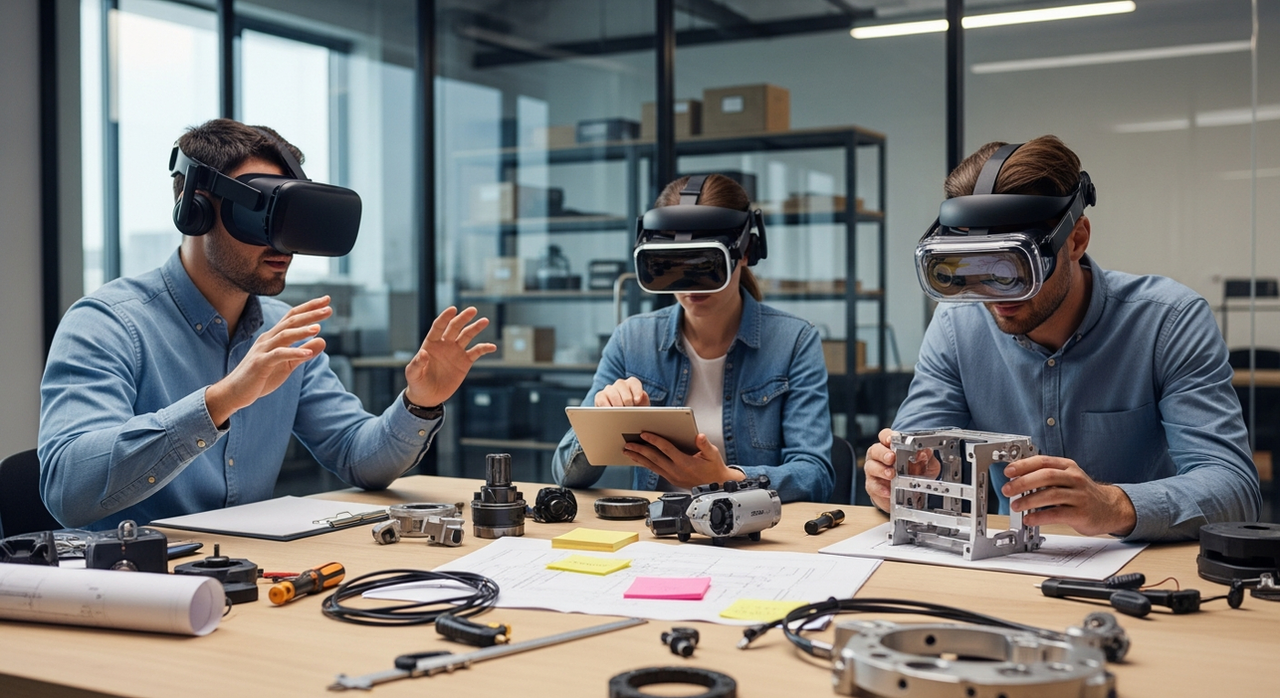 Enterprise team comparing mixed reality augmented reality and virtual reality in an innovation lab