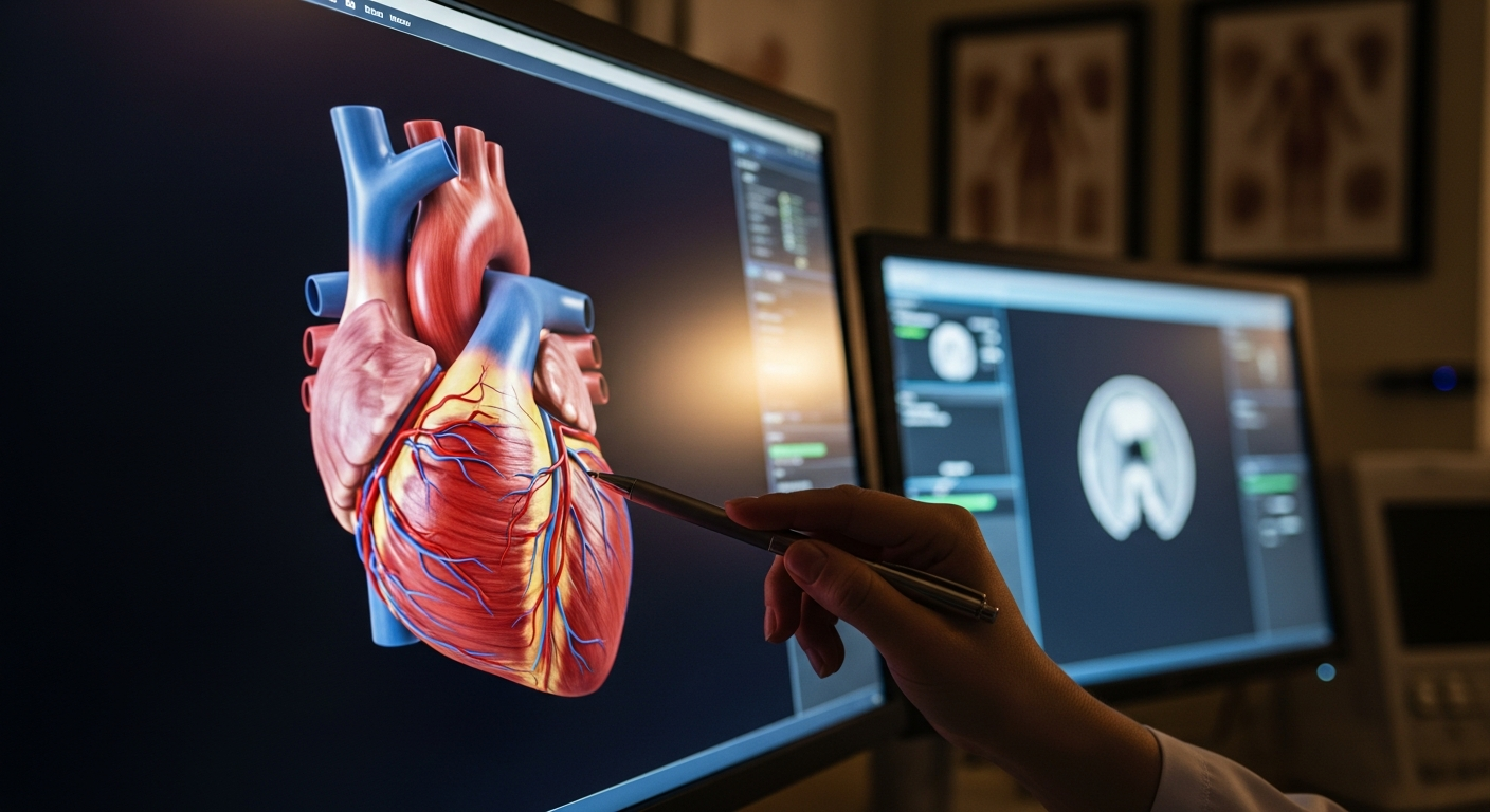 A detailed, realistic 3D heart model displayed on a medical workstation used for anatomy visualization.