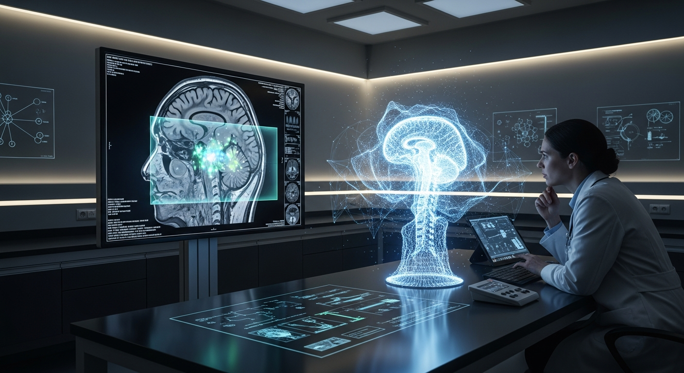 A clinician analyzing medical scans with AI-generated visual insights for early detection and triage.