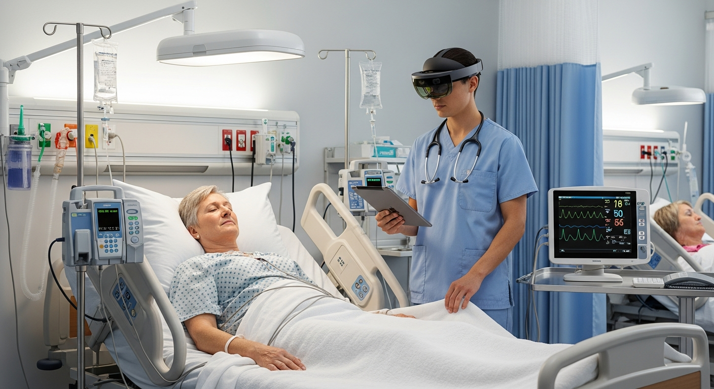 A clinician using real XR hardware inside a hospital room as part of modern digital health workflows.