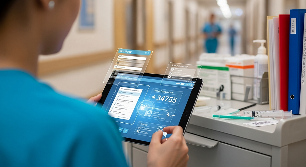 A nurse following AR-supported clinical workflows through a tablet interface at a hospital workstation.