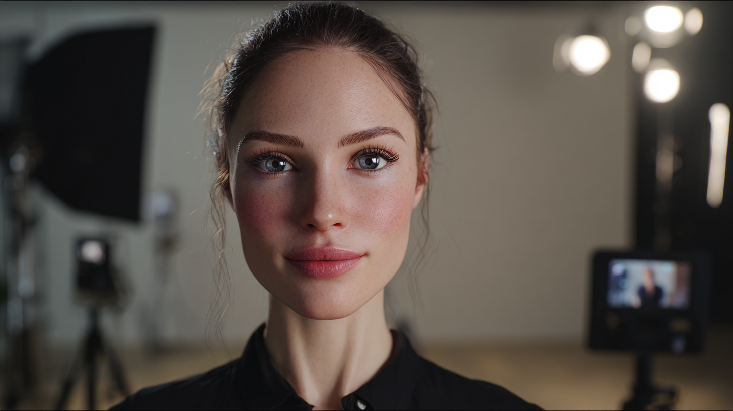 Realistic AI avatar in a professional advertising studio for a virtual influencer campaign