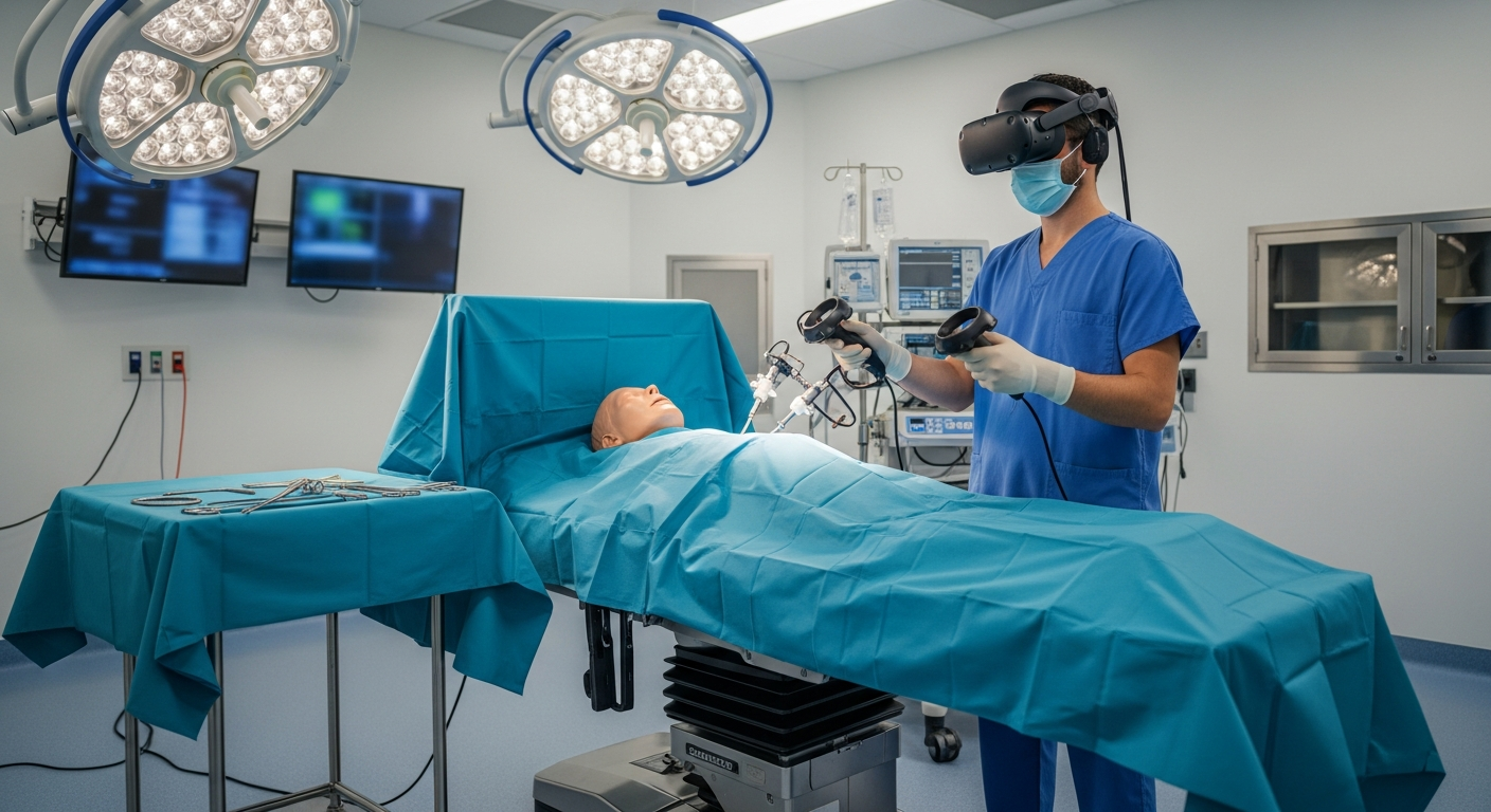 A surgical trainee practicing procedure steps using a VR headset and instrument-shaped controllers in a realistic OR training room.
