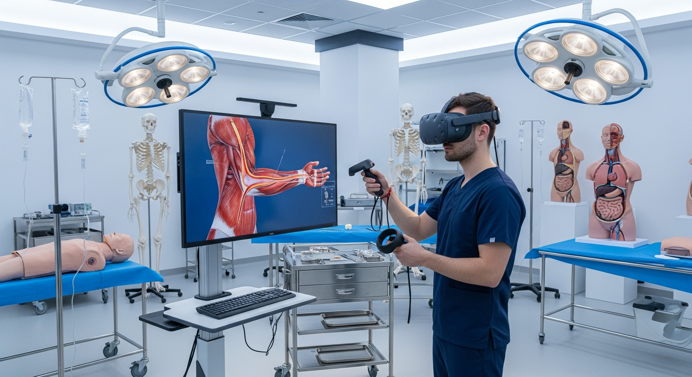  A student performing a VR-assisted virtual dissection inside a medical simulation laboratory.