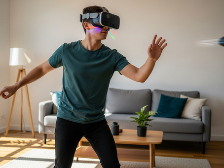 A realistic scene of a player using an XR headset for spatial gaming in their home environment.