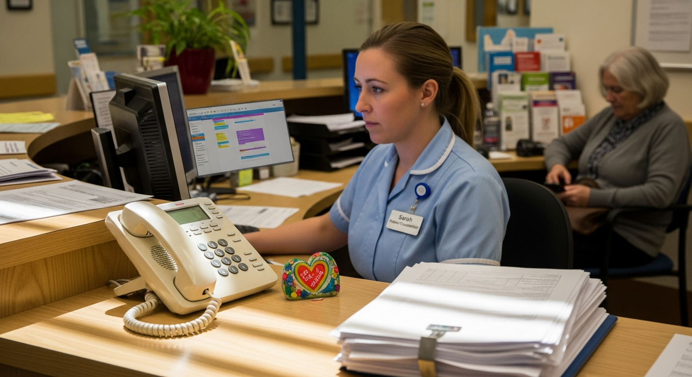 A realistic hospital reception desk where staff use a virtual health assistant to manage scheduling and support tasks.