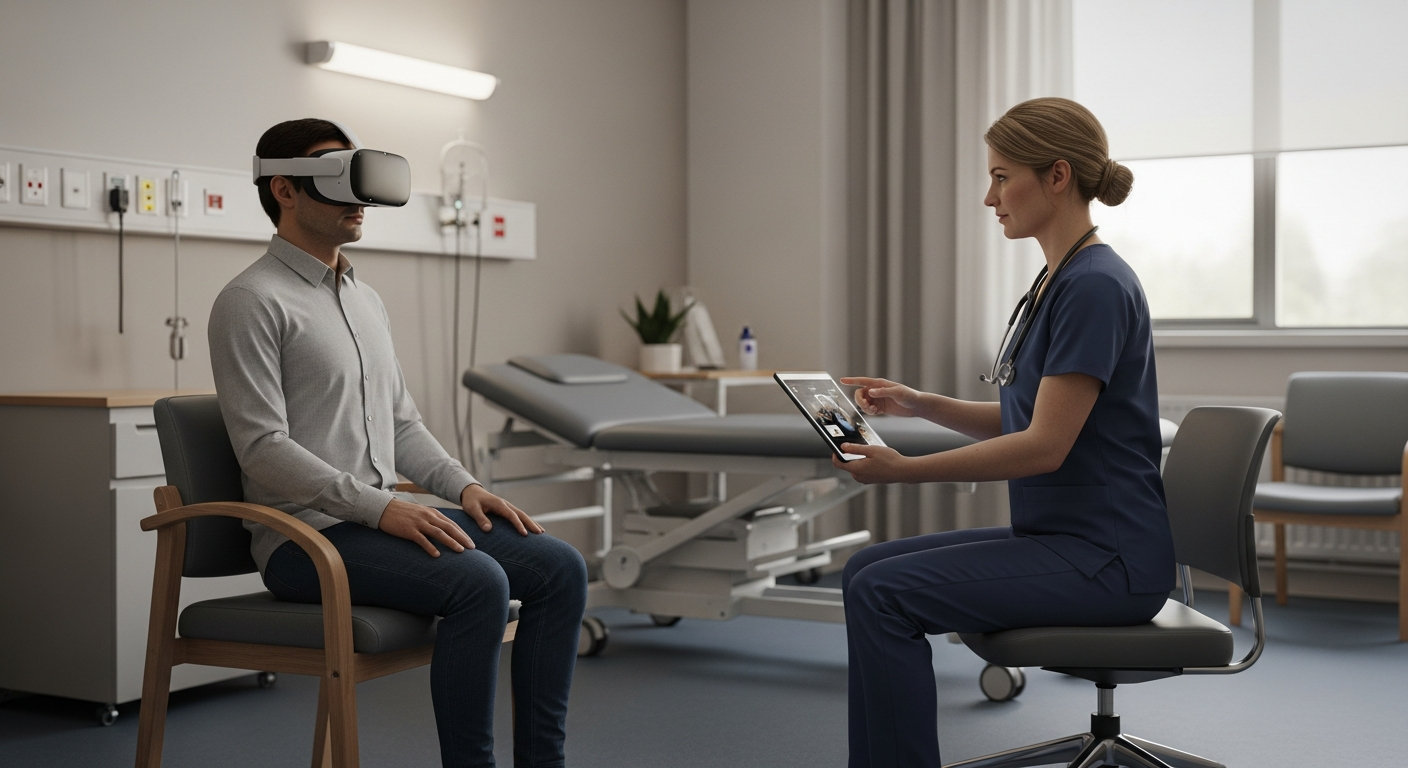 A clinician-supervised virtual reality therapy session used to support mental health treatment in a calm and controlled clinical environment.
