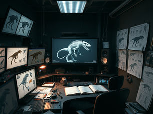 A realistic creature design studio showcasing AI-assisted concept exploration for creature prototyping.