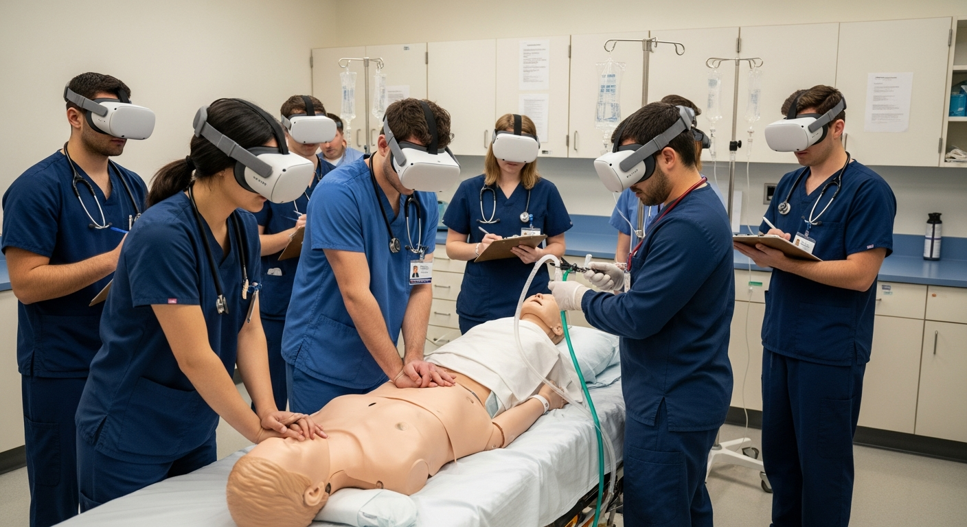 Medical students practicing emergency procedures using safe, realistic VR training inside a clinical simulation lab.