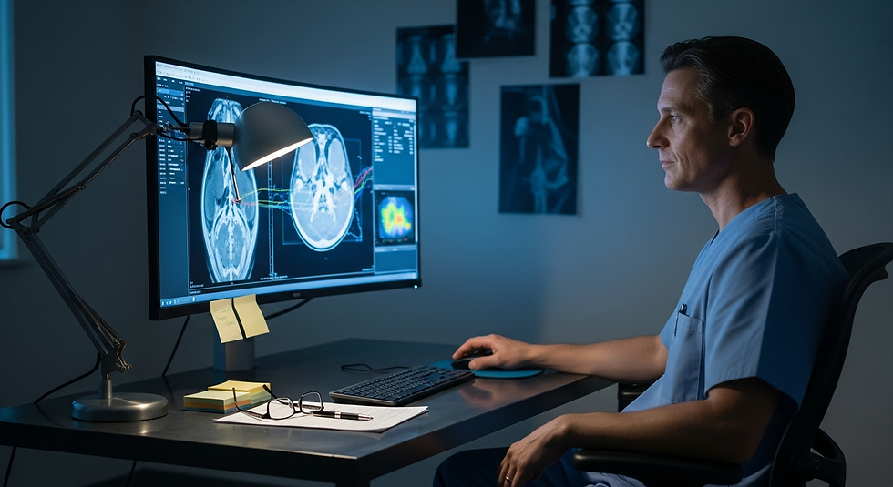 A radiologist using AI-assisted imaging tools on a workstation inside a real diagnostic lab.