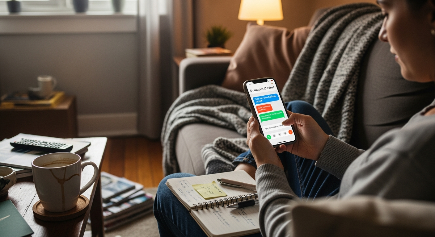 A person at home using a smartphone chatbot for quick symptom checking in a natural, lived-in environment.