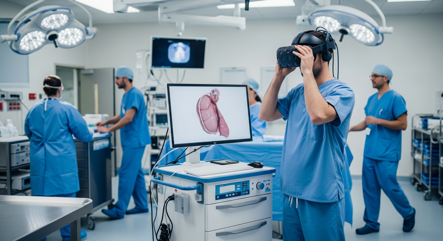 A surgeon rehearsing a procedure in VR before entering the operating room to reduce risk and improve accuracy.