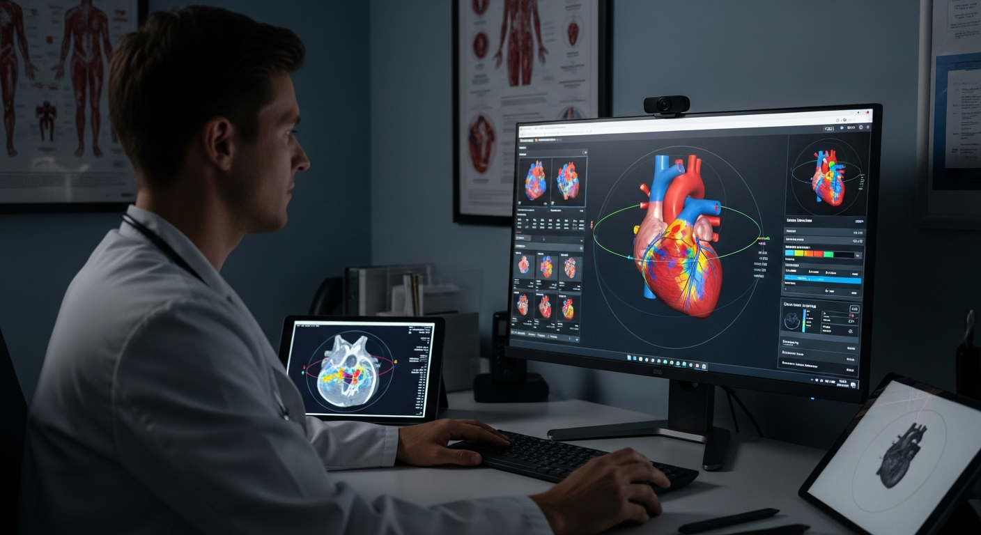 A clinician reviewing a patient-specific digital twin model for remote surgical planning and anatomical explanation.