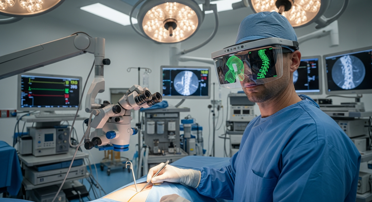 A surgeon using AR glasses to visualize CT/MRI-based surgical guidance during a real operation.