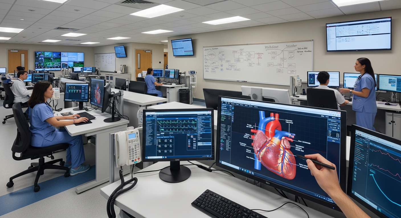 A clinical team inside a hospital command center using spatial-computing systems for real-time medical visualization.