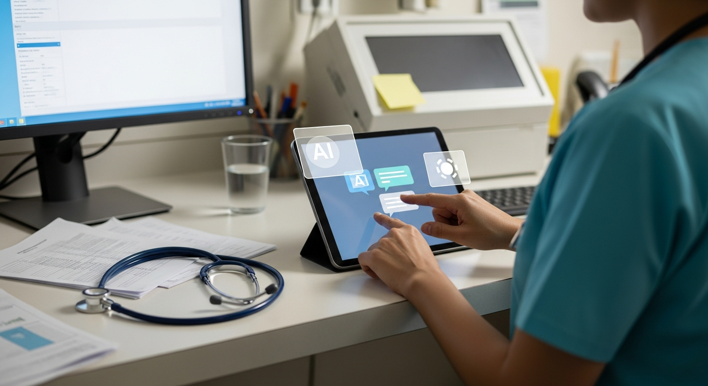A nurse using a digital AI medical assistant on a tablet at a real hospital triage desk.