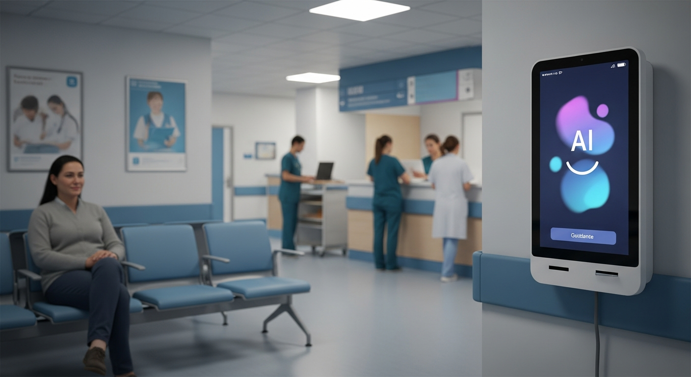 A patient using a realistic AI kiosk that automates routine communication in a hospital waiting area.