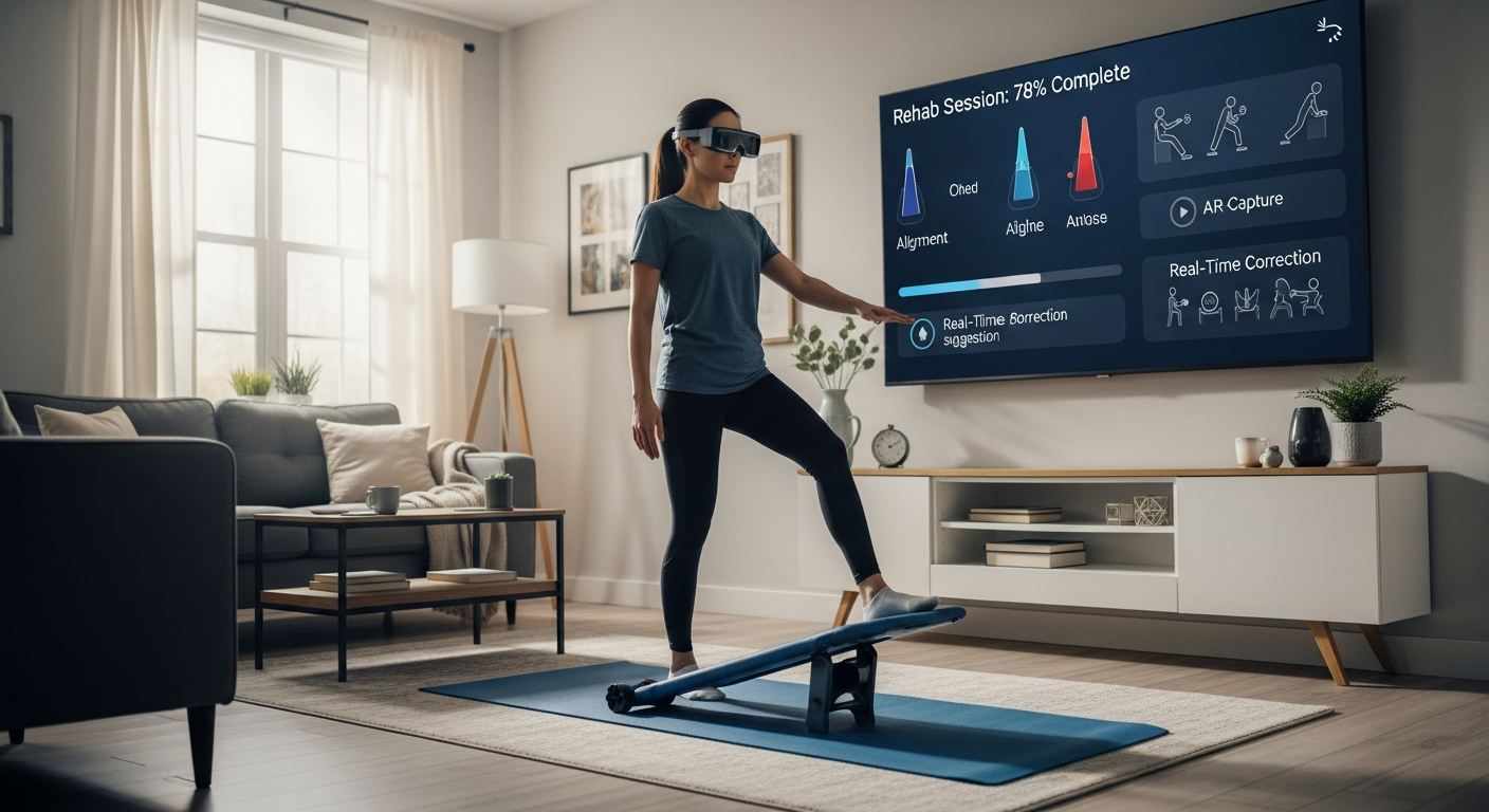 A patient performing AR-guided rehabilitation at home while real-time therapeutic feedback displays on a TV screen.