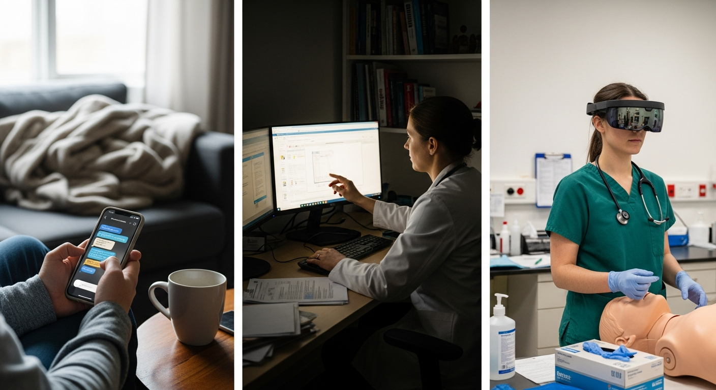 Three realistic scenes showing conversational, clinical, and XR-based virtual health assistants in everyday medical settings.