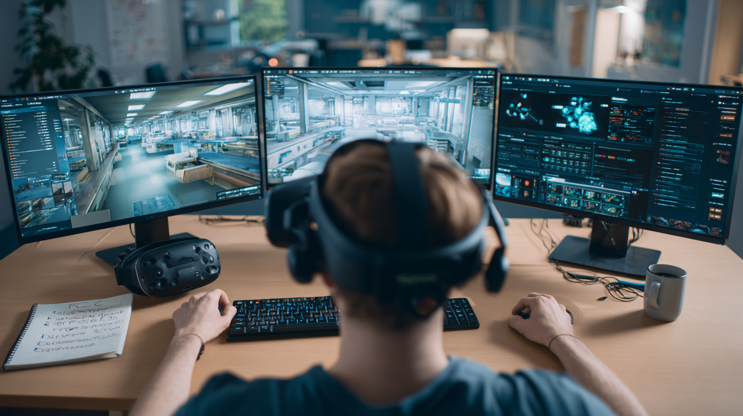 A simulation specialist developing a VR medical scenario using dual monitors inside a real office environment.