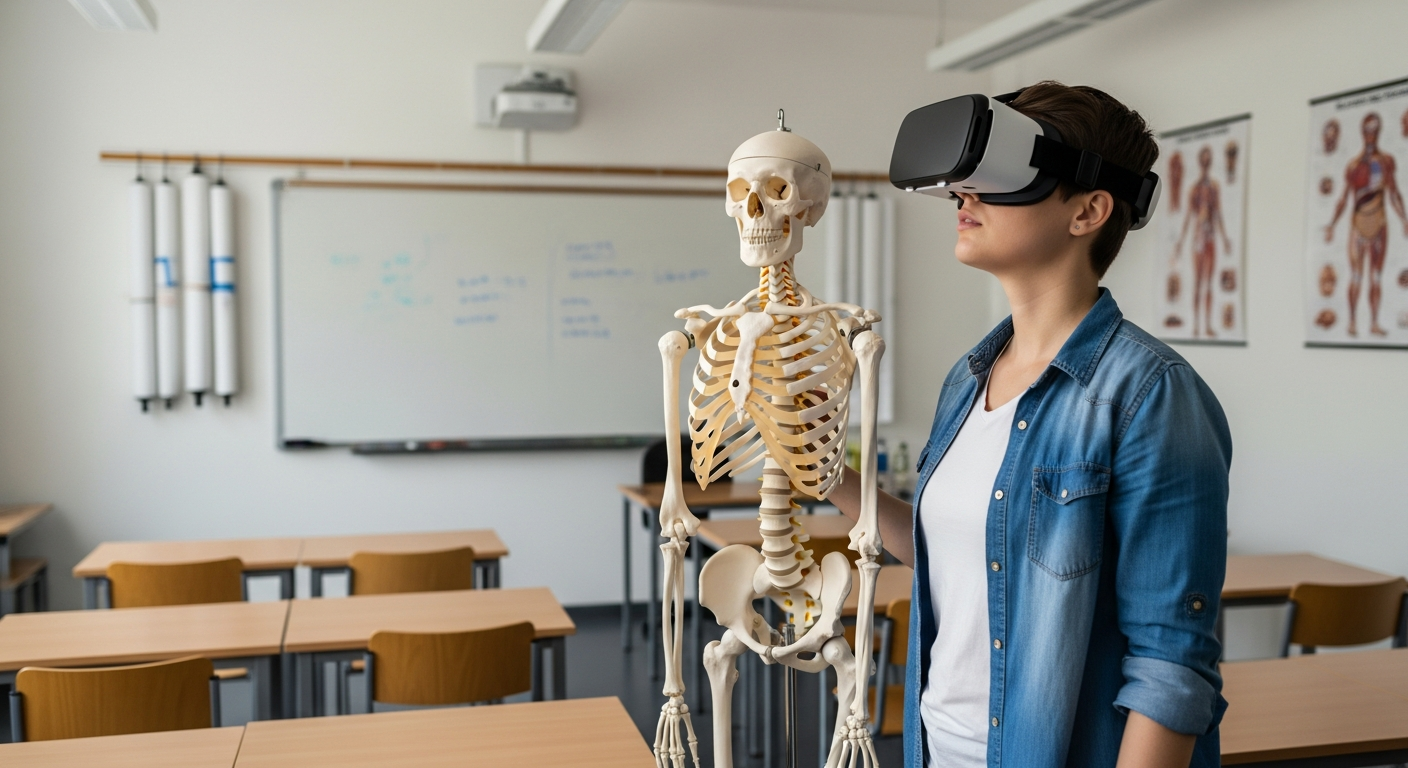 A medical student learning anatomy using a VR headset in a standard classroom with traditional anatomical models.