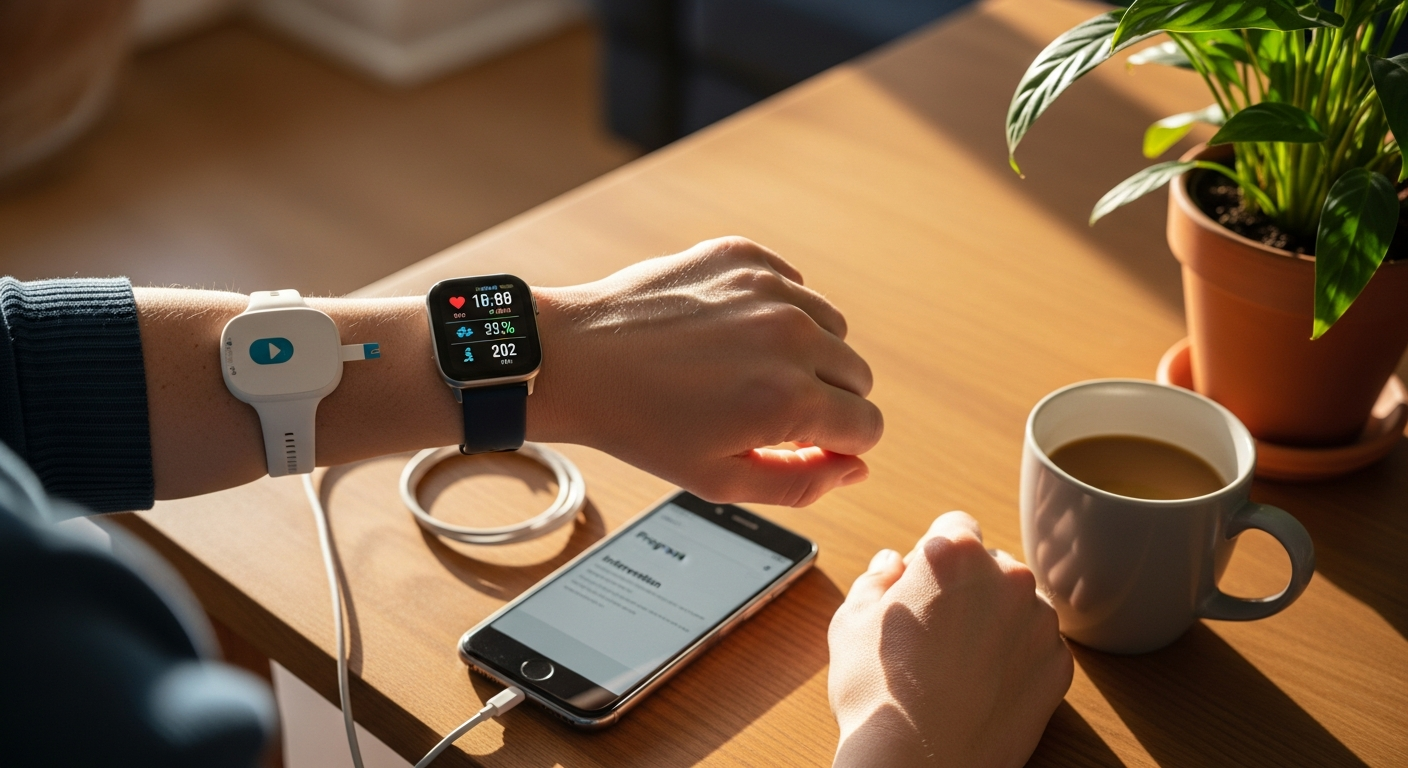 A patient using wearables and a mobile app to receive personalized digital therapeutic interventions.