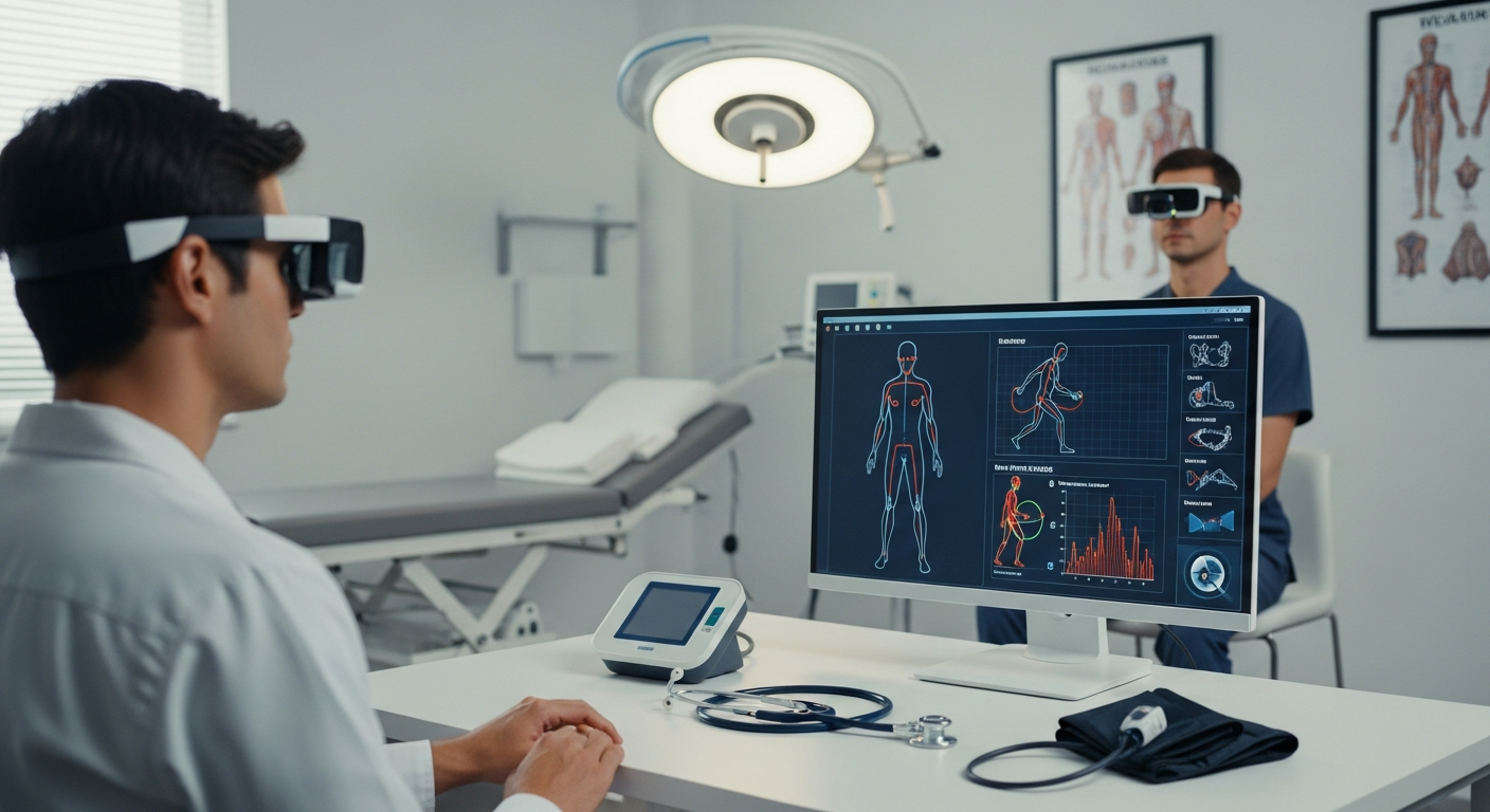 Clinician using remote healthcare tools to review patient support signals in an XR-enabled workflow