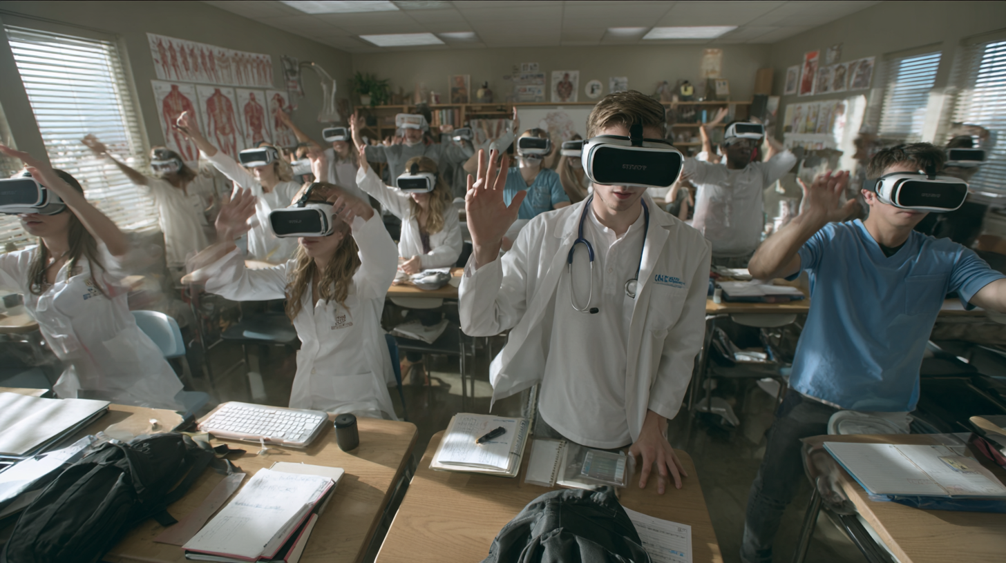 Healthcare students using VR headsets in a real classroom to practice clinical scenarios through immersive simulation.