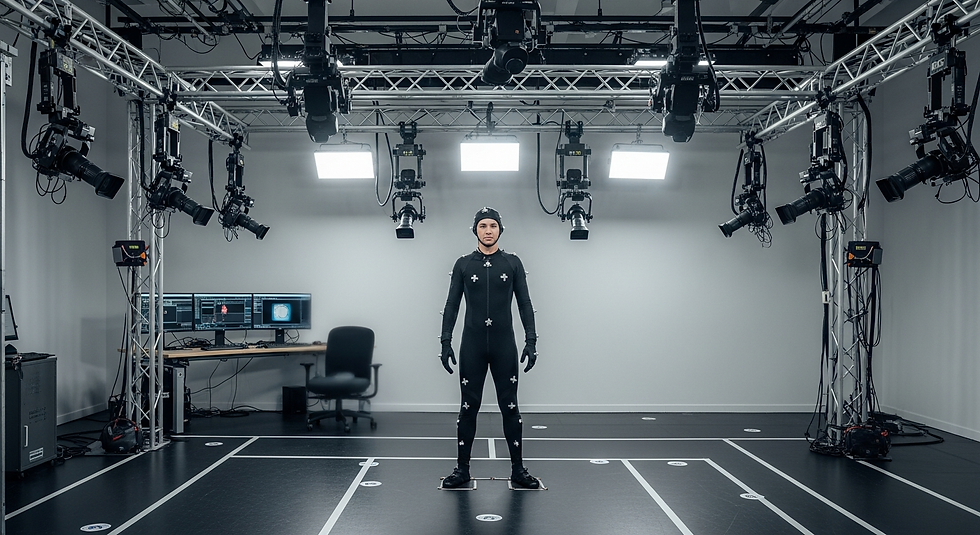 A performer in a mocap suit standing on a real game motion capture stage with cameras and tracking equipment.