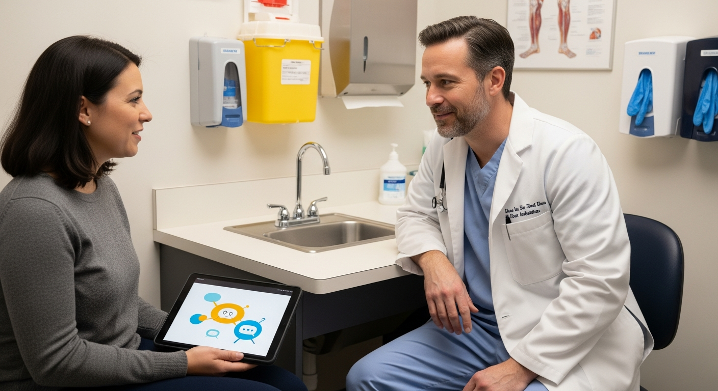 A doctor and patient reviewing simple chatbot educational visuals on a tablet during a routine medical consultation.