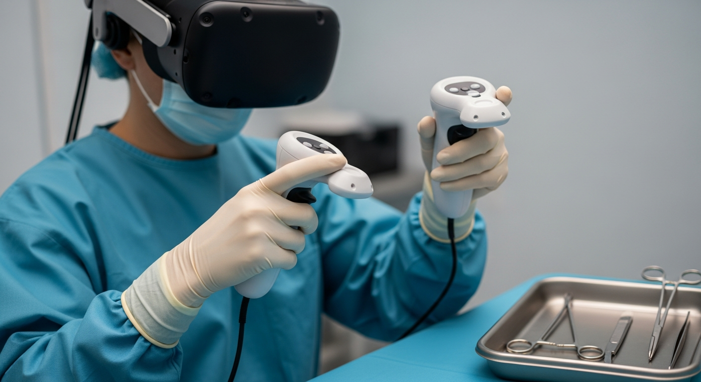 Realistic close-up of a surgeon developing fine motor skills through repeated VR surgical practice.