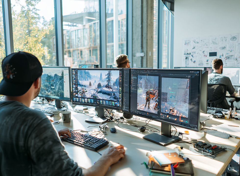 Bright game development studio planning a video game animation pipeline