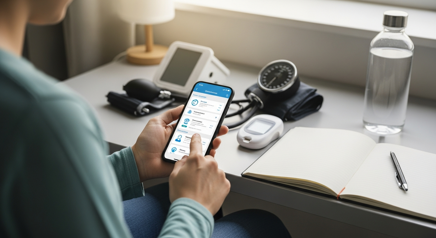 A patient using a digital therapeutics app on a smartphone in a realistic healthcare setting.
