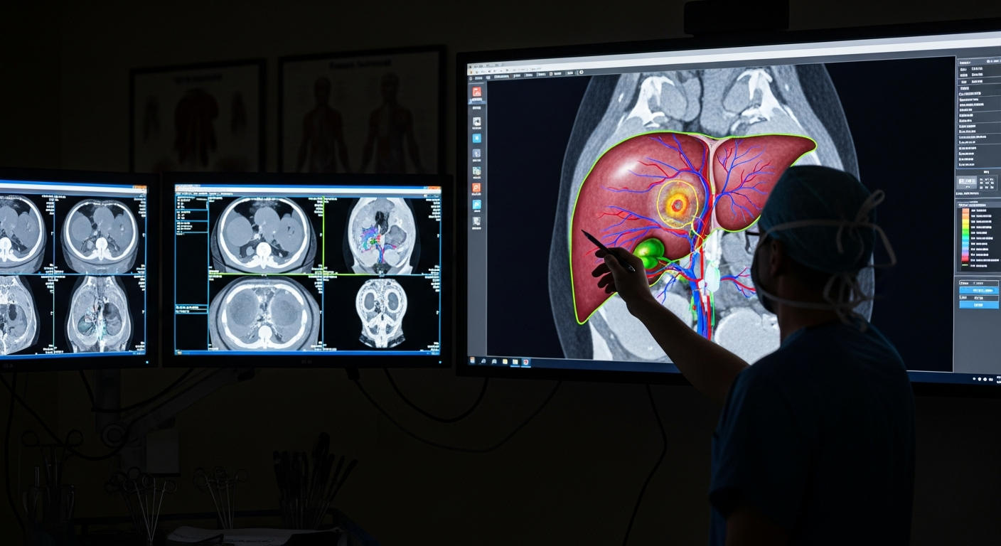 A surgeon reviewing a patient-specific digital twin model during pre-operative planning.
