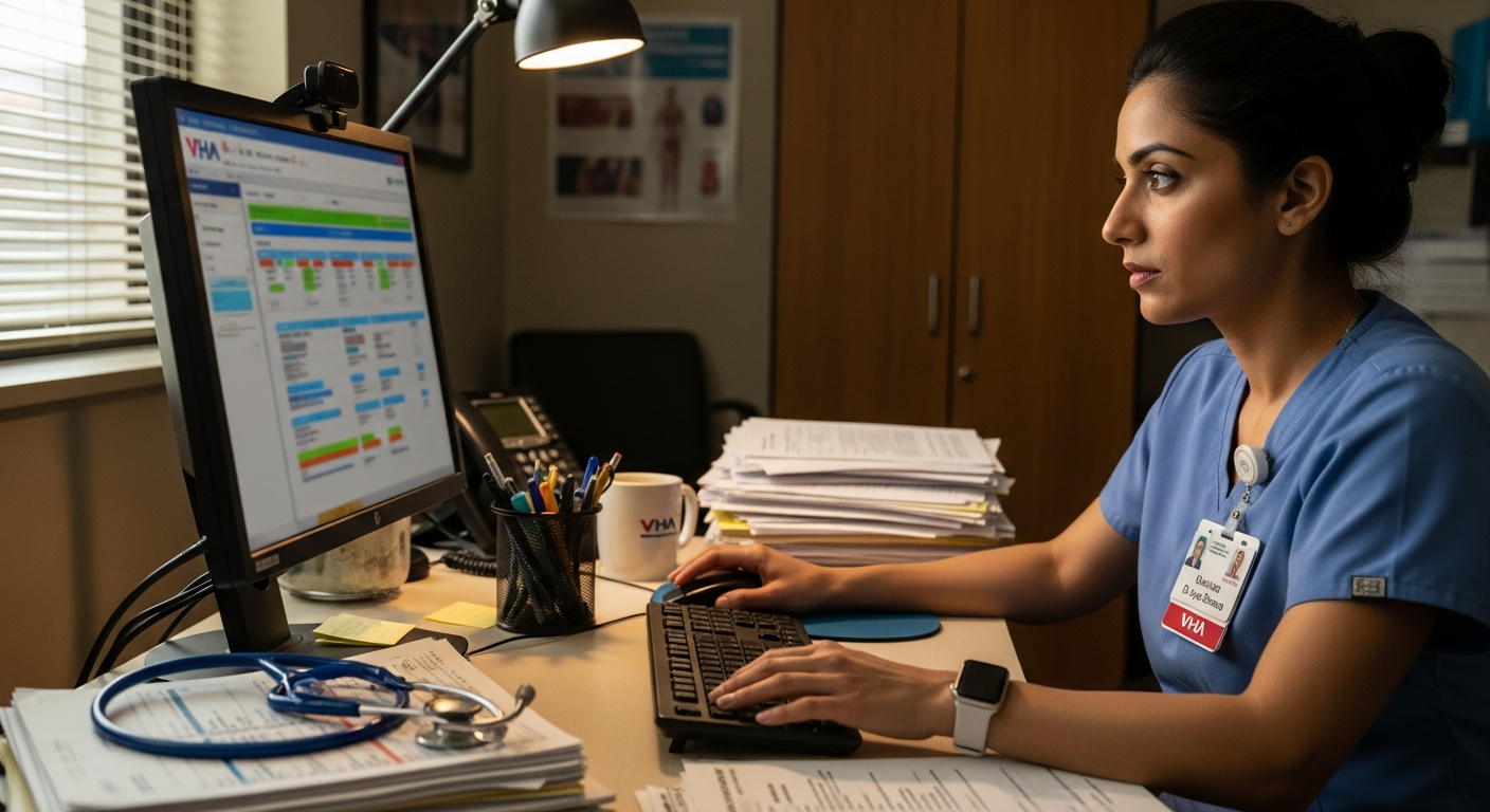 A real clinician reviewing a virtual health assistant dashboard at a slightly cluttered workstation.
