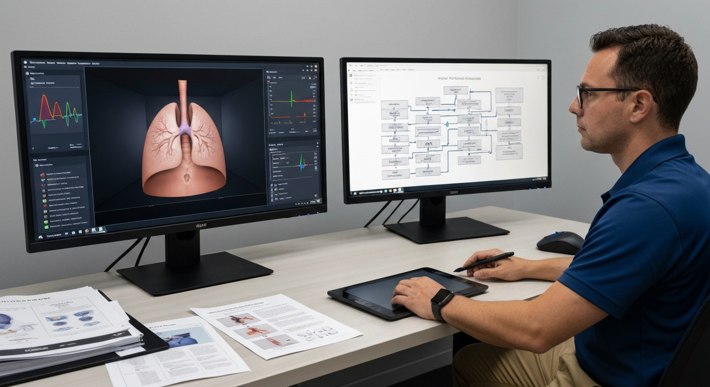 A medical simulation developer working on virtual patient models and scenario logic inside a real XR workstation.