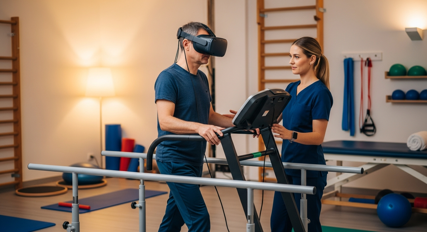 A patient using a VR headset during physical therapy exercises, demonstrating how VR supports rehabilitation and recovery.