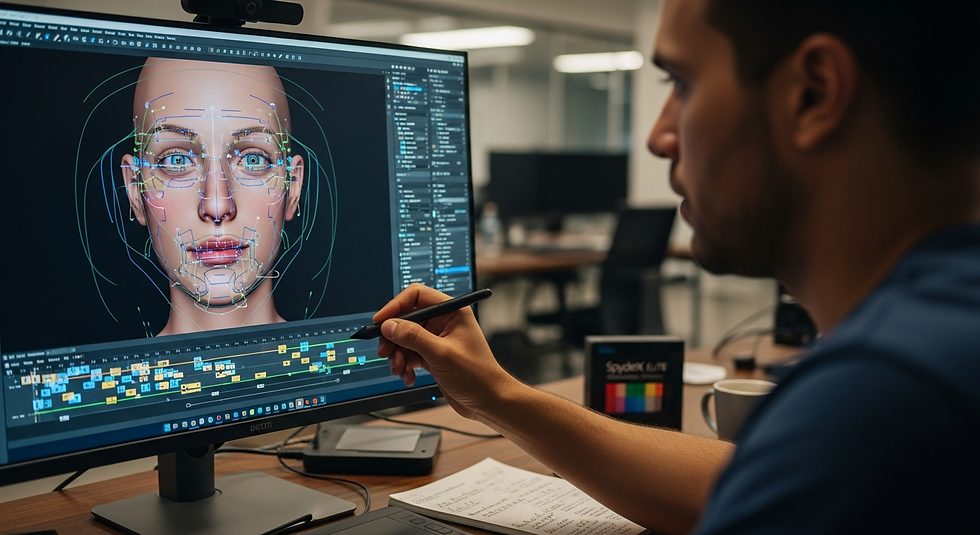 A facial animation artist refining expressions on a high-fidelity digital human rig.
