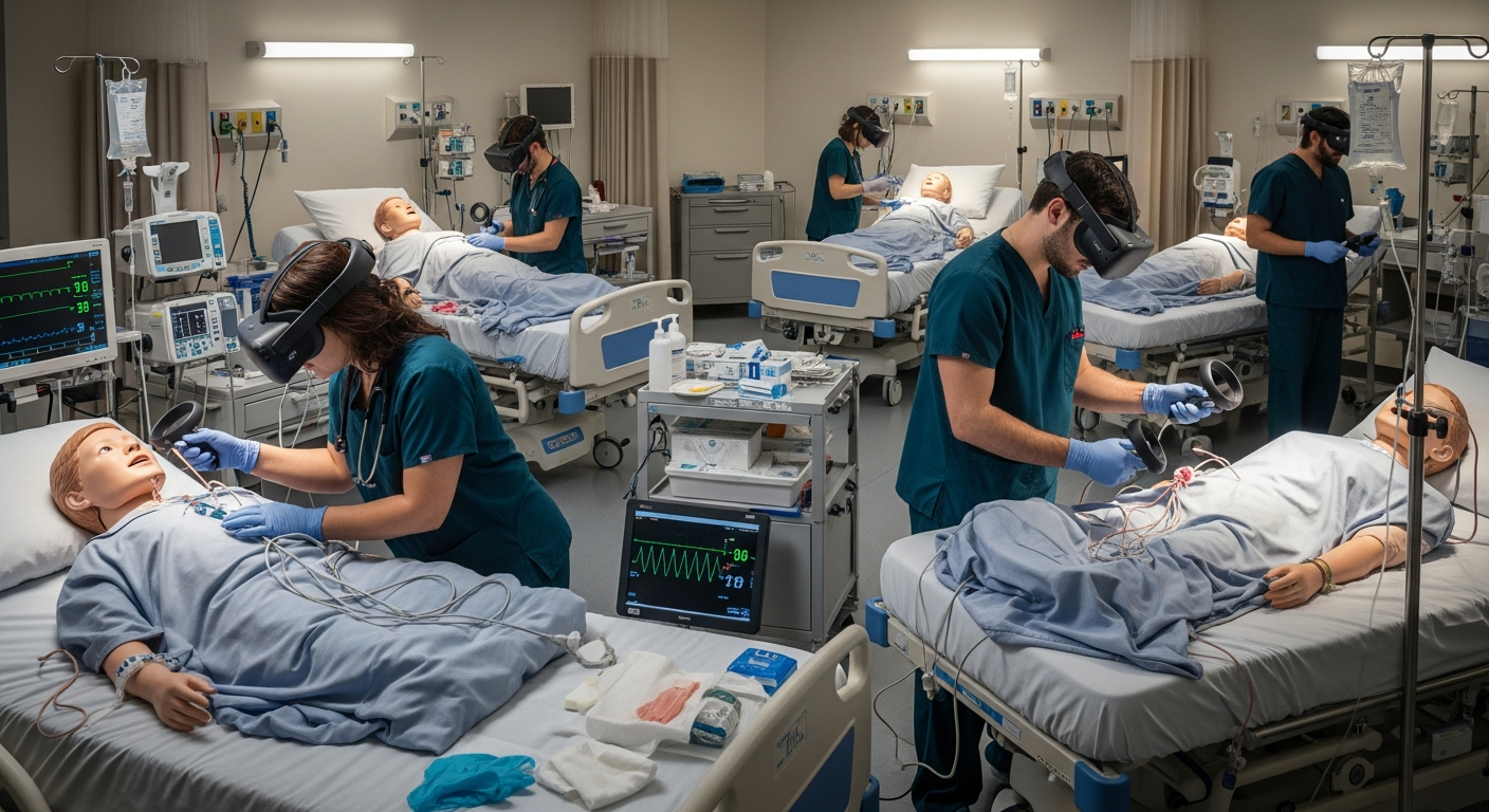 Medical students practicing clinical skills using VR headset training inside a real simulation lab.