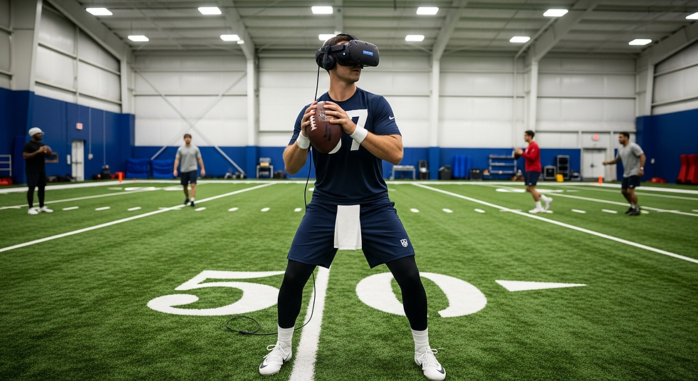 Quarterback practicing VR-driven tactical reads and decision-making in a realistic football training facility.