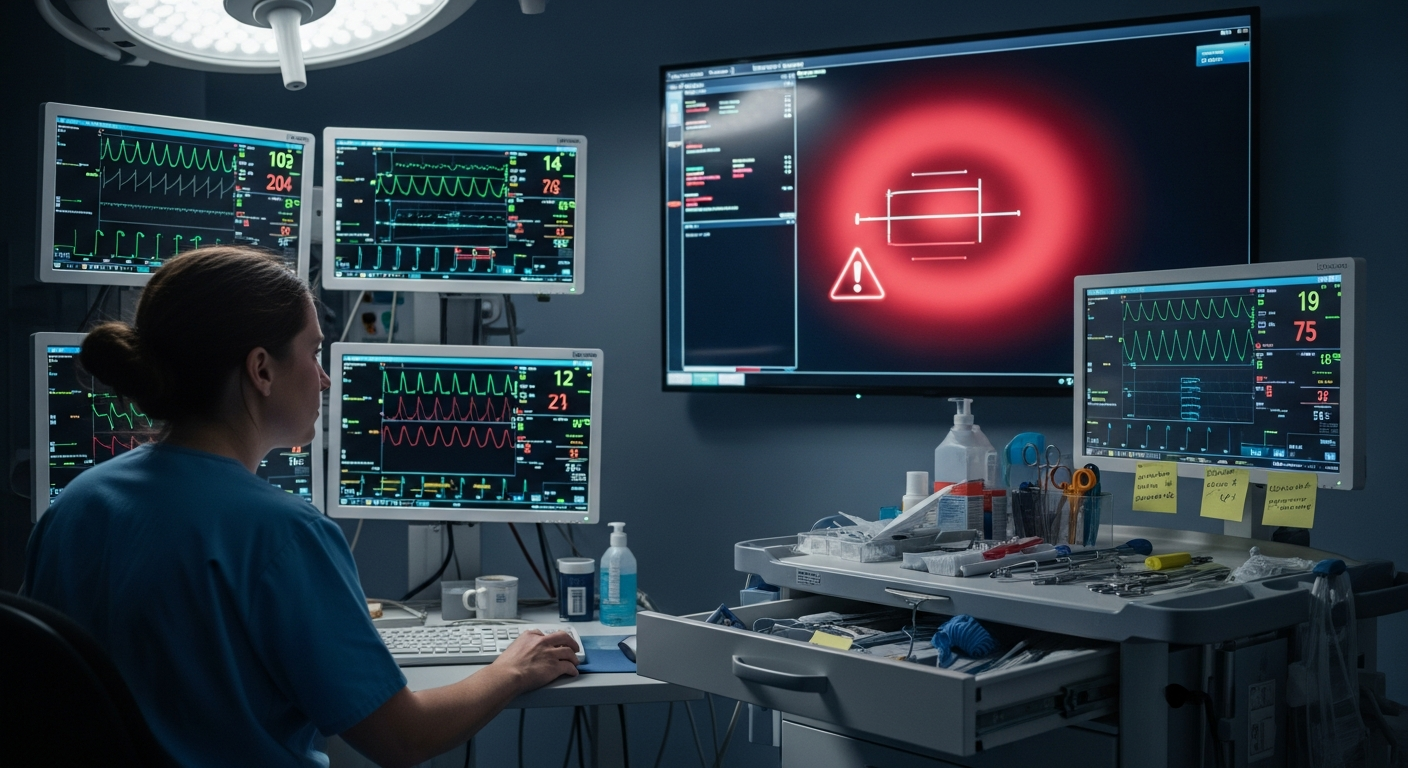 A nurse viewing early-warning risk alerts powered by predictive analytics in a real hospital monitoring station.