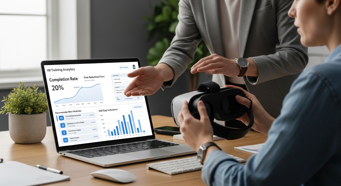 Manager reviewing AI-driven VR training analytics during implementation planning