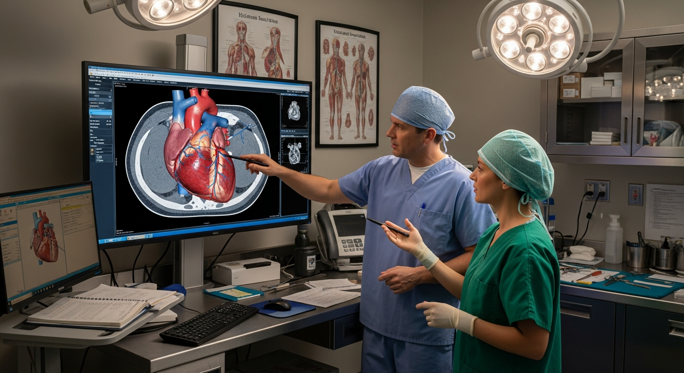 Surgeons are analyzing a patient-specific 3D anatomical model using digital twin tools for surgical planning.