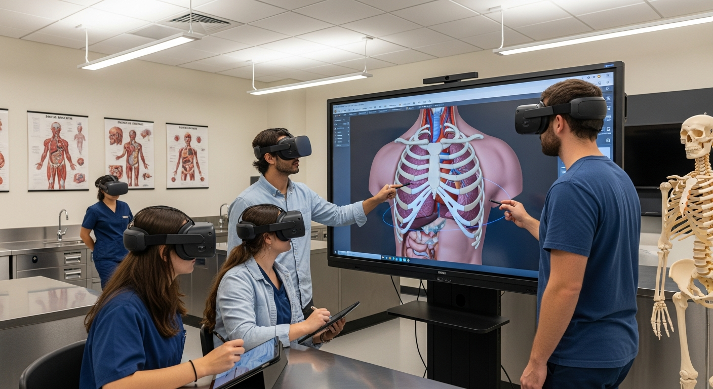Medical students exploring 3D anatomy with VR headsets and a physical anatomy display inside a real clinical classroom.