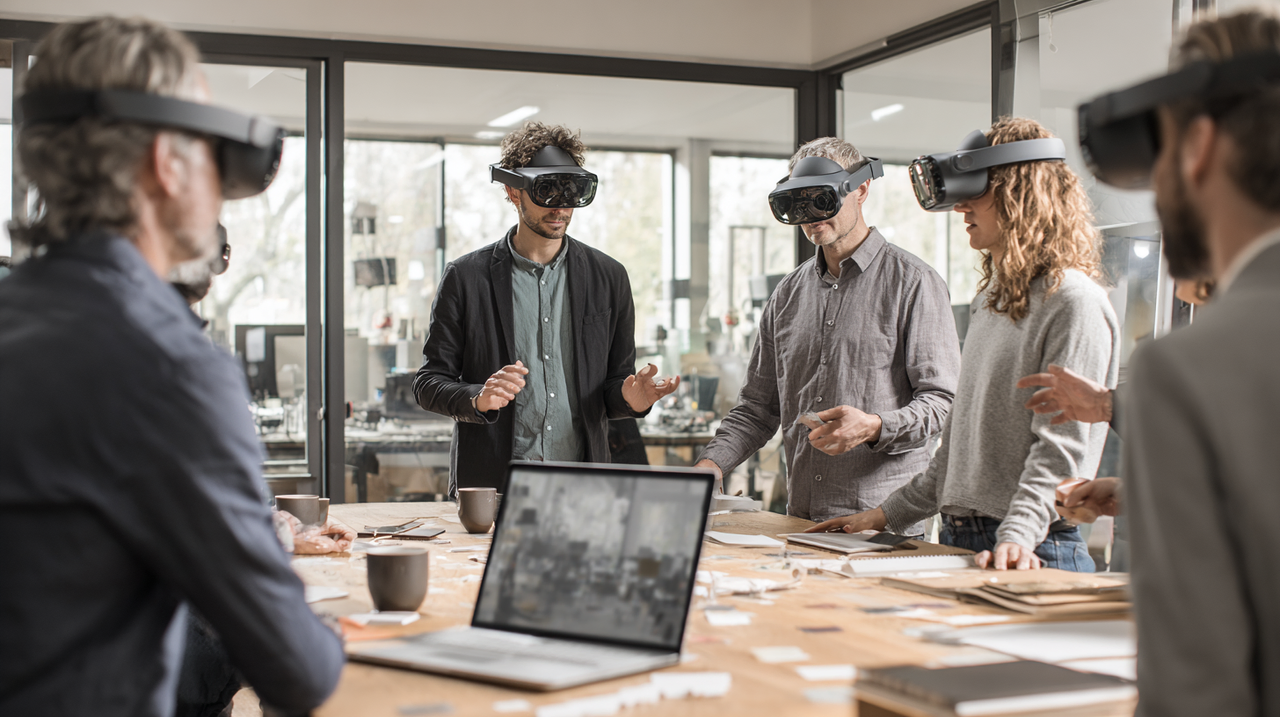 Team collaborating through mixed reality headsets inside a shared 3D workspace