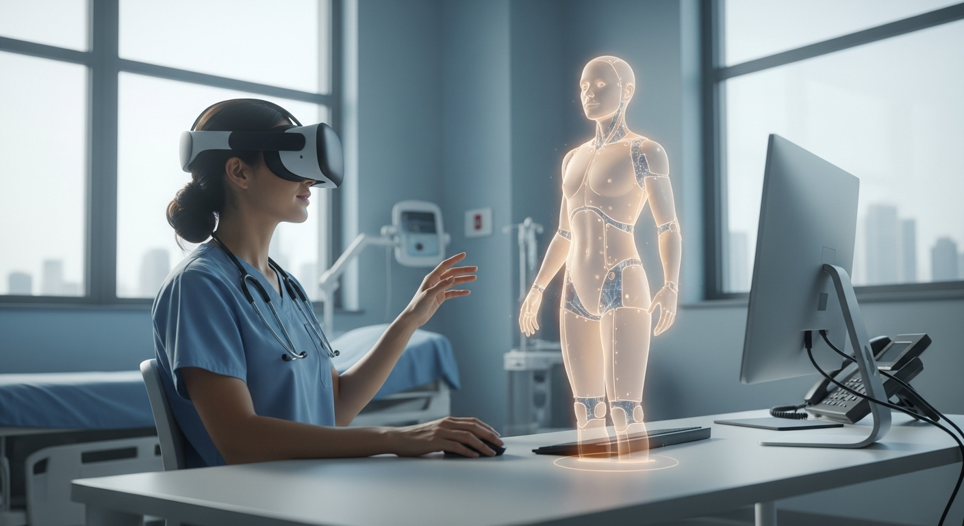 A doctor interacting with a realistic AI virtual health assistant in a modern medical environment, representing AI-driven patient support.